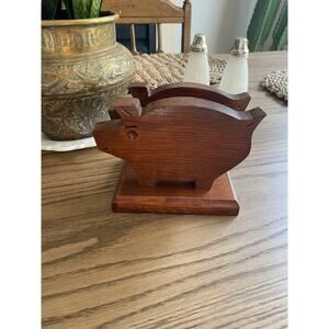 Vintage Wood Pig Napkin Letter Holder Stand Kitsch Kitchen Primitive Farmhouse